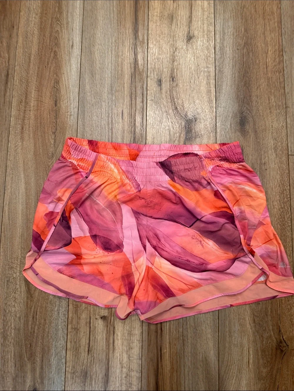 Athleta Mesh Racer Run Shorts 4” watercolor Orange and Pink